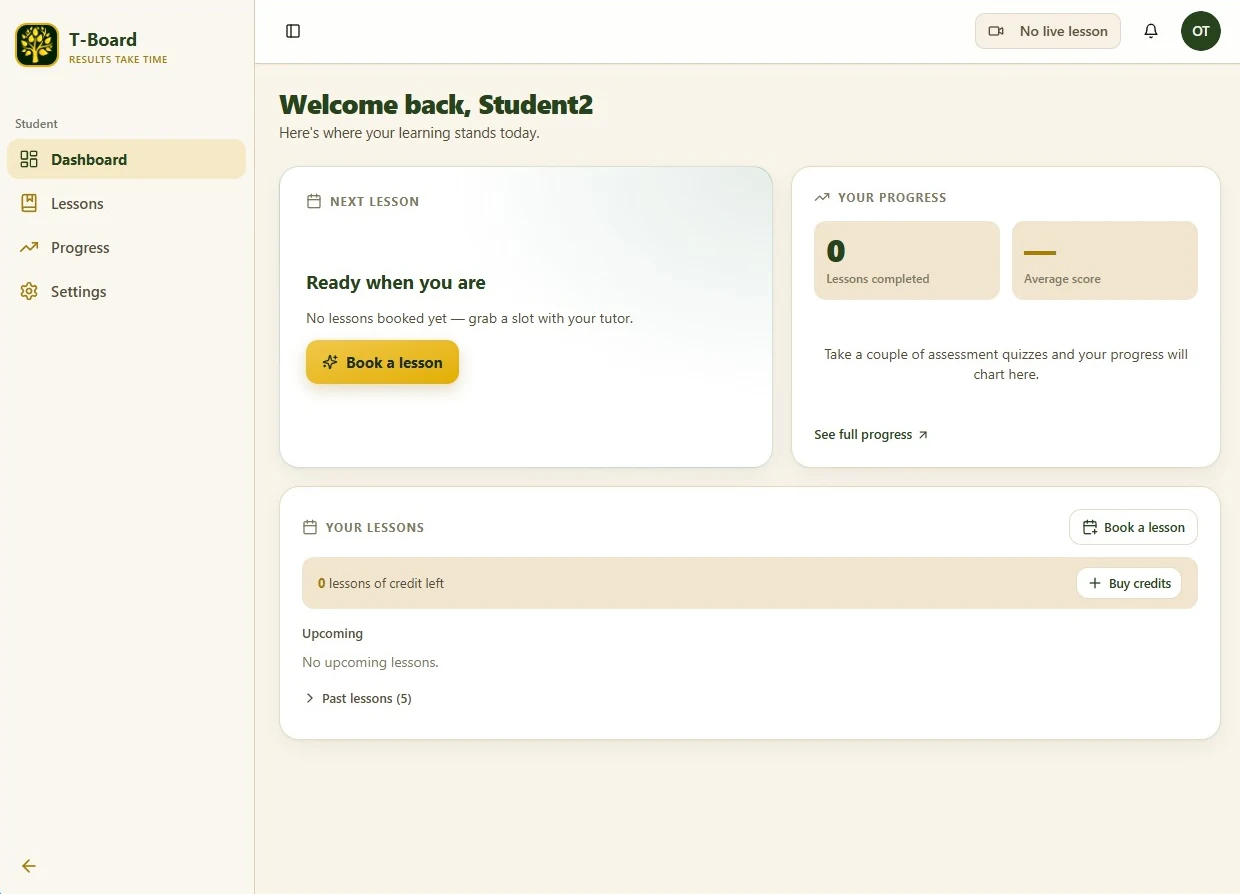 The T-Board student dashboard showing the next lesson, progress and booked lessons