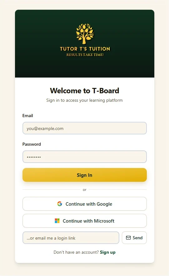The T-Board sign-in screen with Continue with Google and Continue with Microsoft options