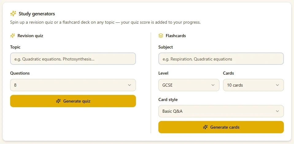 The T-Board study generators: a revision quiz builder and a flashcard deck builder